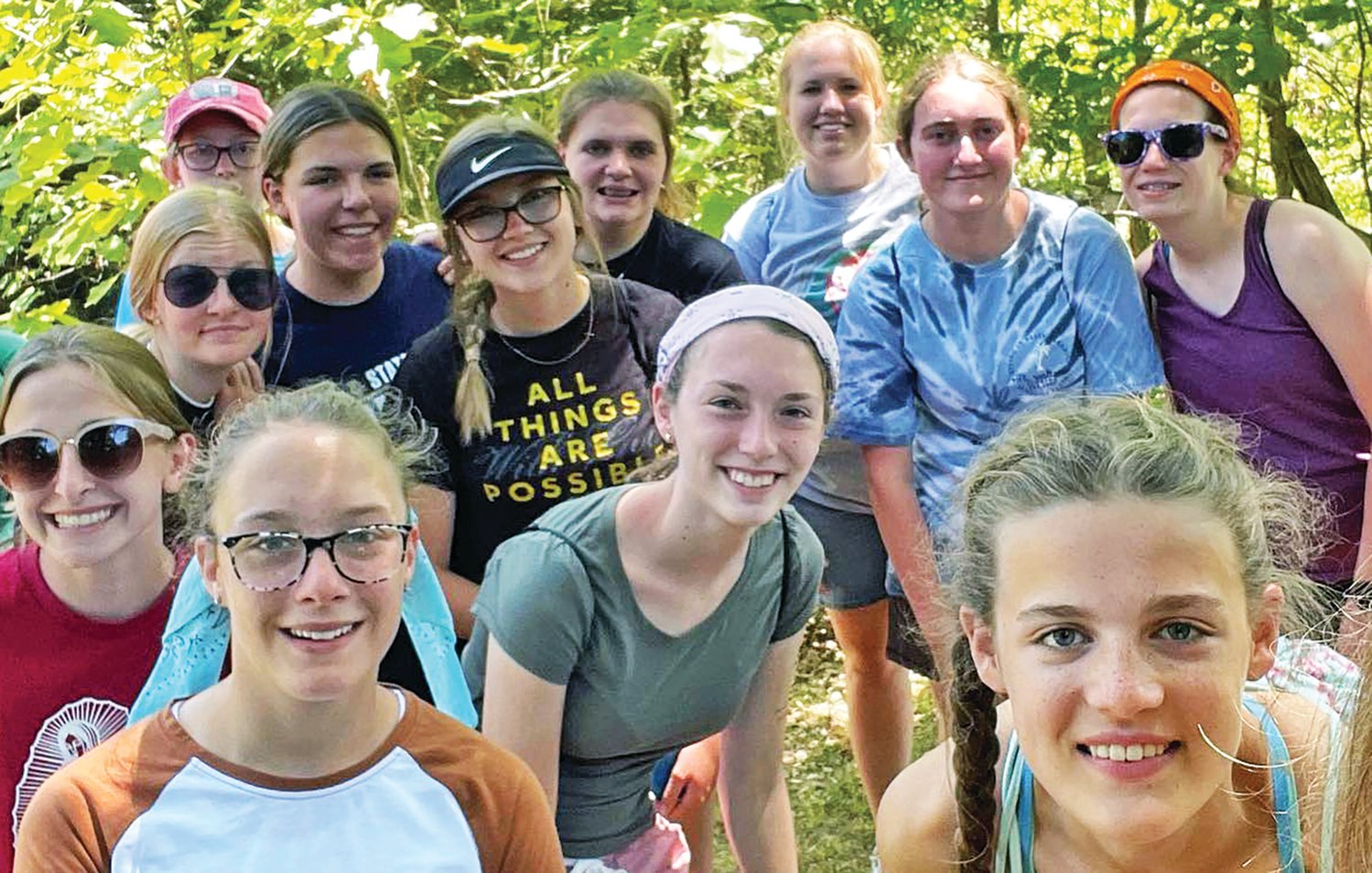 Girls at this year’s Camp Siena Catholic summer camp experience for high school girls pause for a “selfie” during a packed day of activities. One hundred sixty middle school and high school teens took part in Catholic camps sponsored by the Jefferson City diocese this summer.